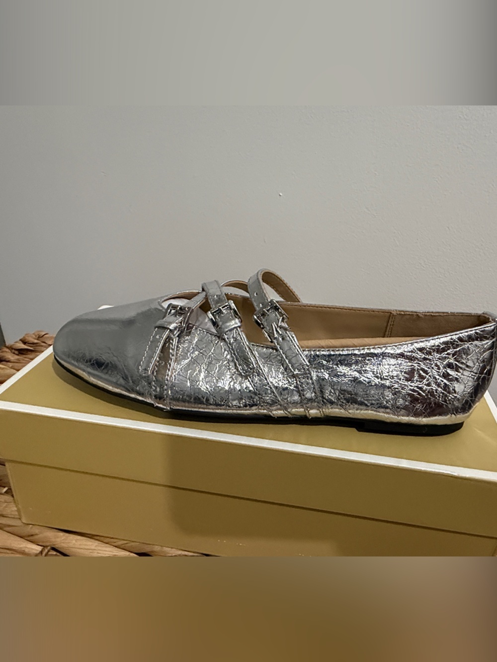 Michael Kors Silver Crinkled Double-Strap Flat